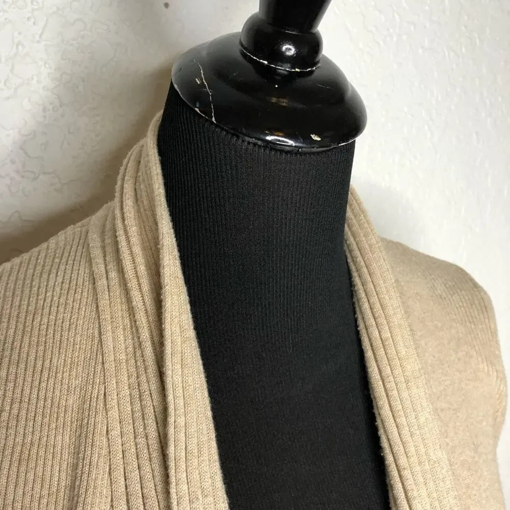 WHBM tan mixed ribbed knit open draped water fall cardigan size Medium
